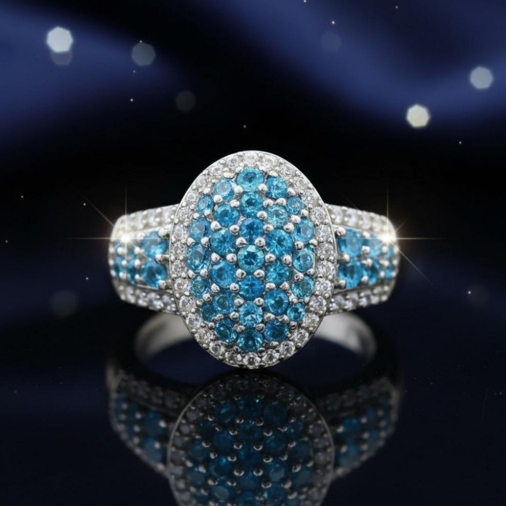 Blue & White Topaz Pave Sterling Silver Ring